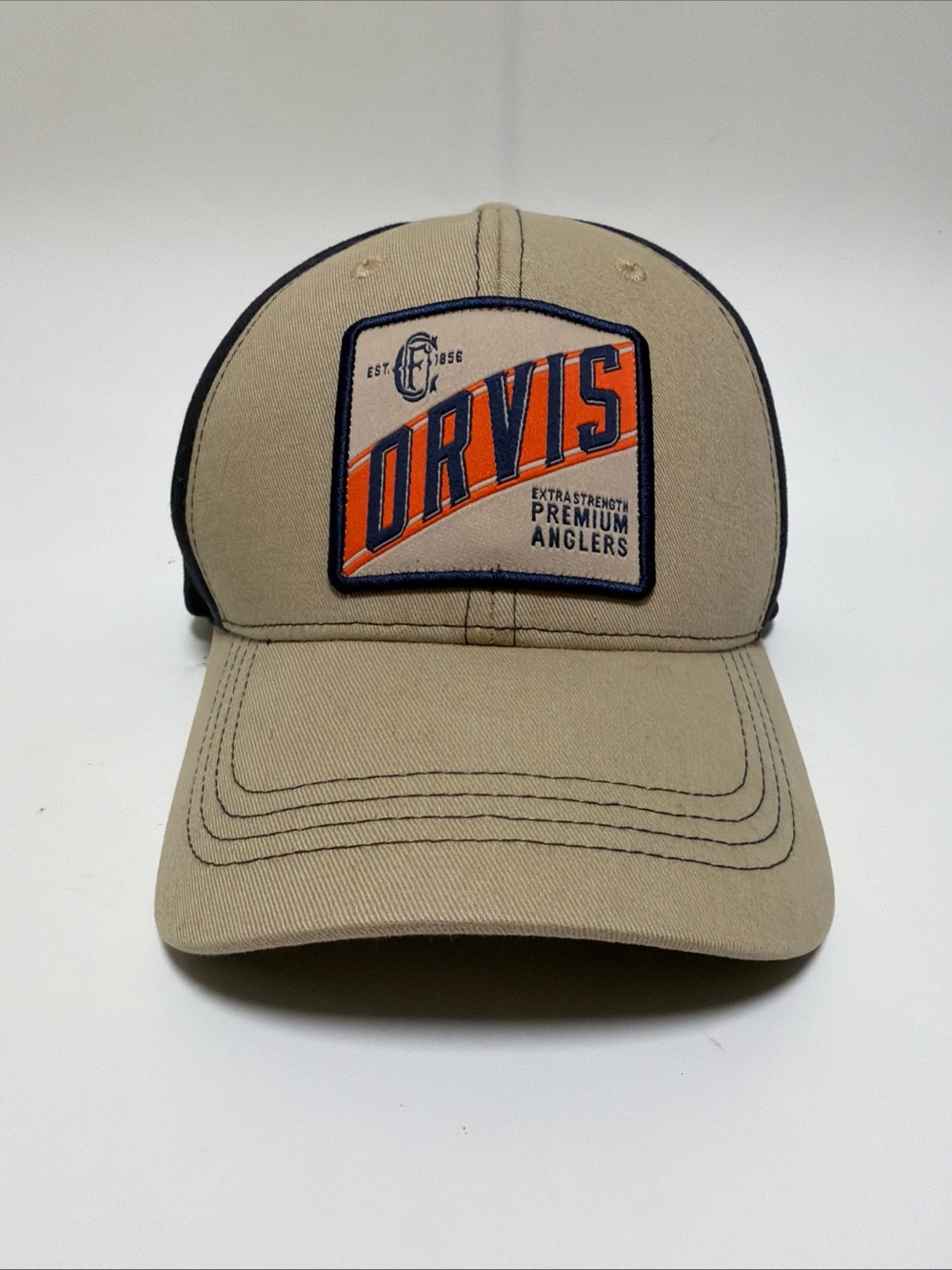 Orvis Tan Hat with Orange Logo Patch and Black Mesh